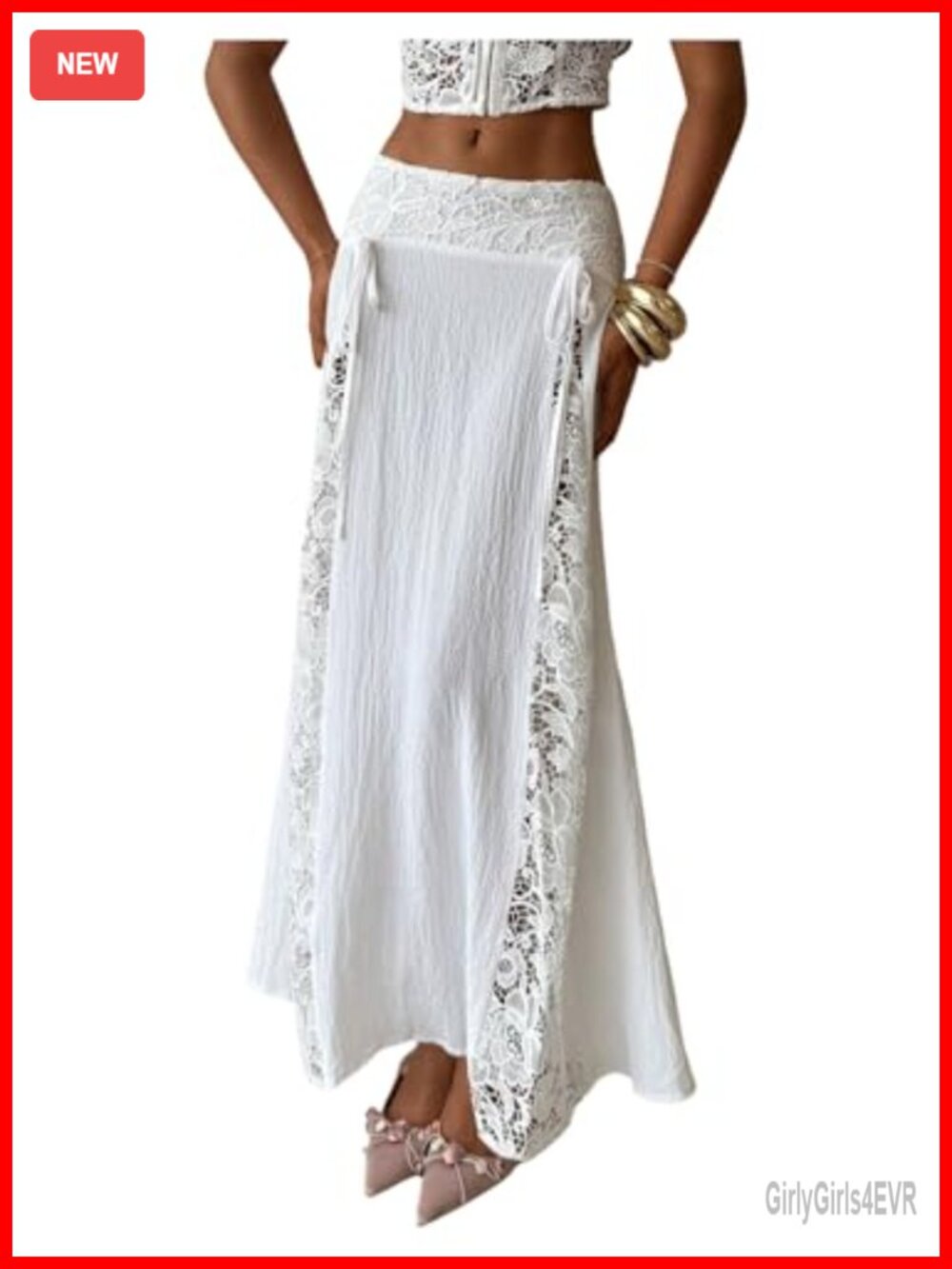Lace Spliced Low Rise A Line Flowy Maxi Skirt